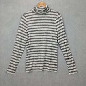 Loft Ribbed Knit Top Womens Large Gray Black Metallic Shimmer Striped Turtleneck